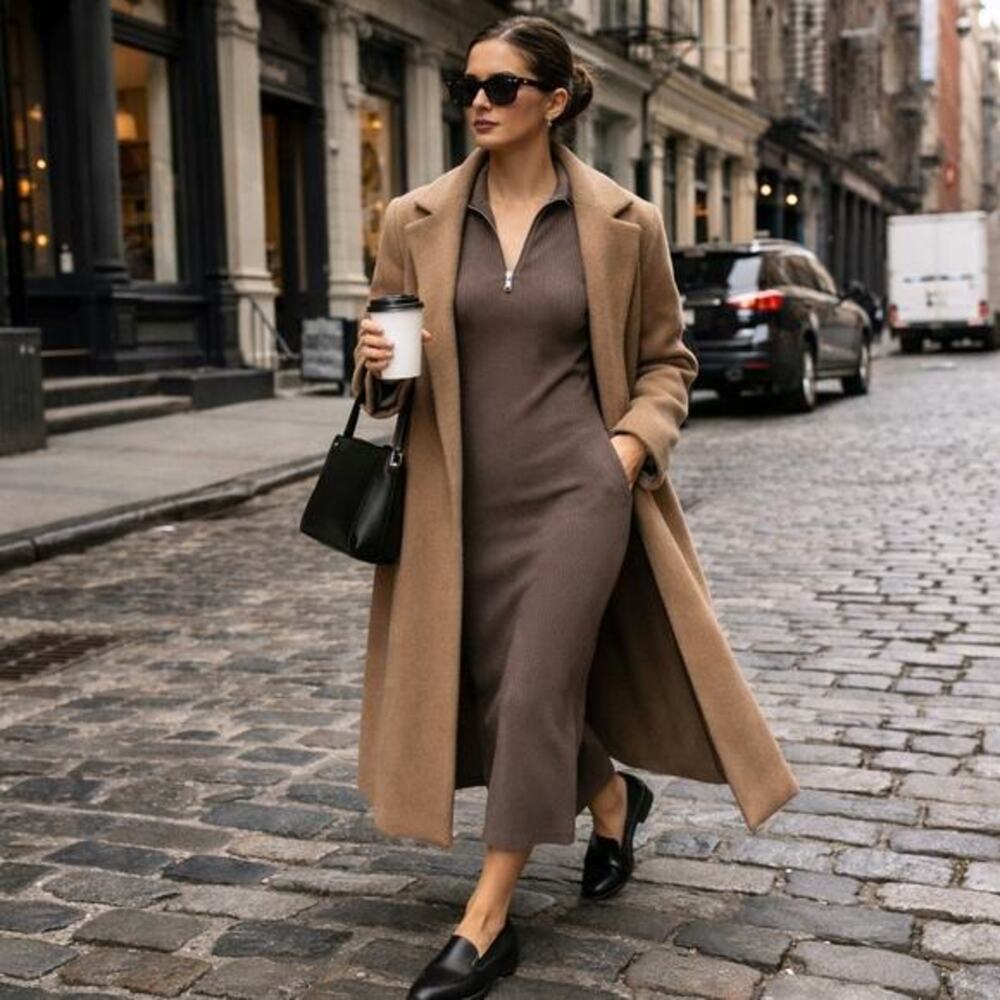 Zara Ribbed Knit Maxi Dress Brown Zip Collar 90s Minimalist CBK Style - Picture 1 of 9